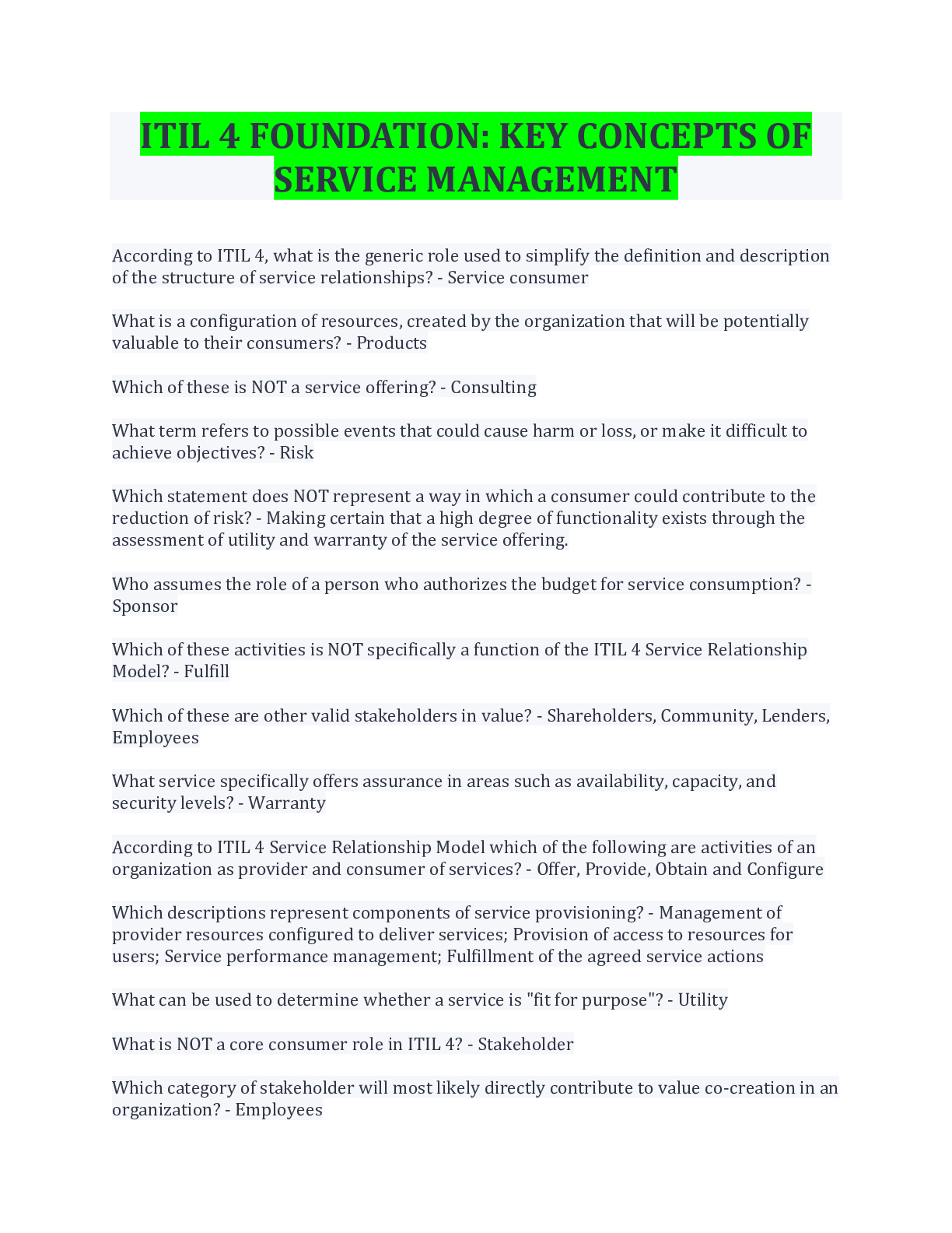 Preview image for ITIL 4 FOUNDATION: KEY CONCEPTS OF SERVICE MANAGEMENT QUESTIONS AND ANSWERS